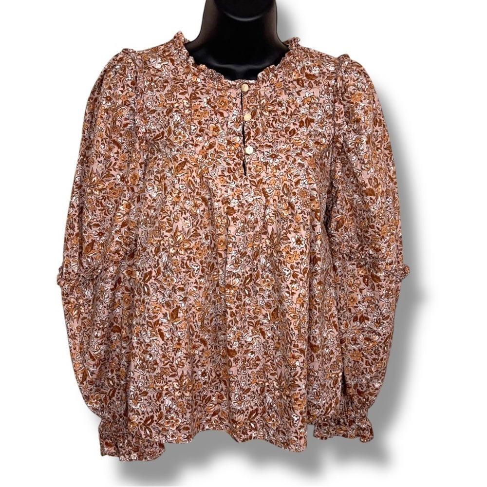 XS Universal Thread Boho Ruffle Long Sleeve Peasant Blouse Top Brick Red Orange